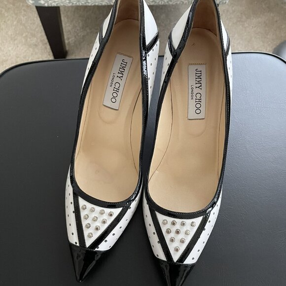 Jimmy Choo Black and White Studded Leather Heels - Picture 3 of 7